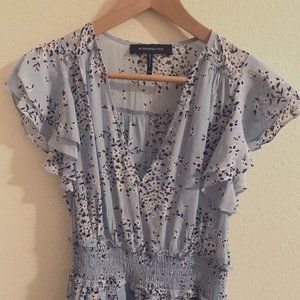 BCBGMAXAZRIA LIght Blue Floral Print Ruffle Sleeve Dress